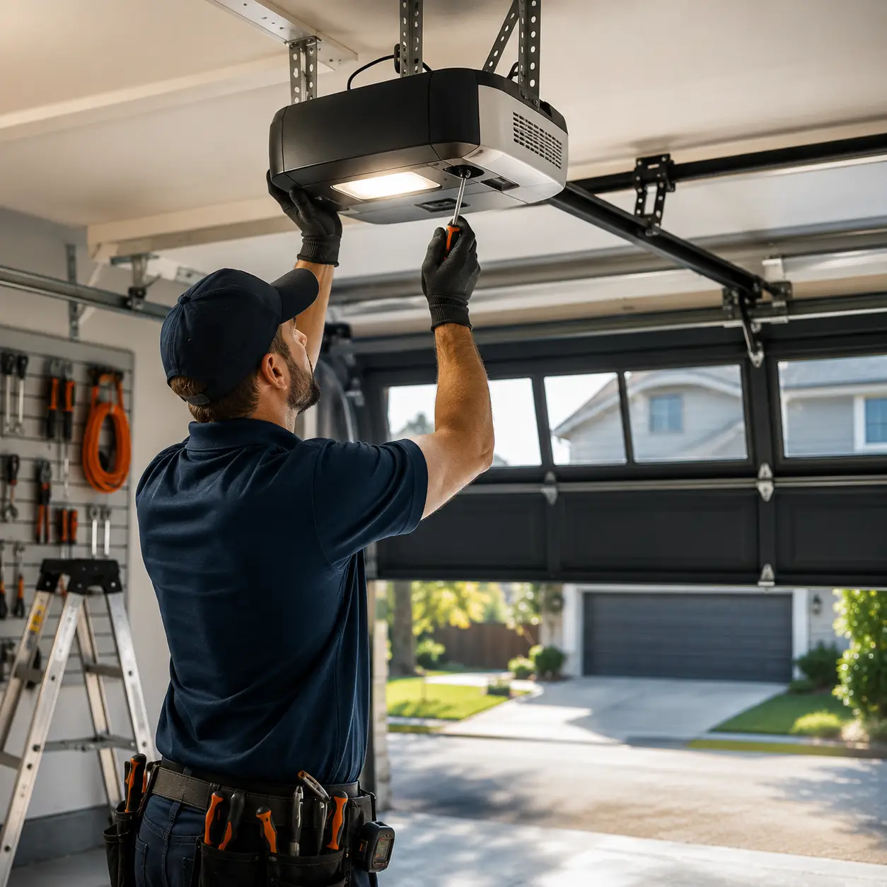 Technician repairing garage door opener in Perris CA