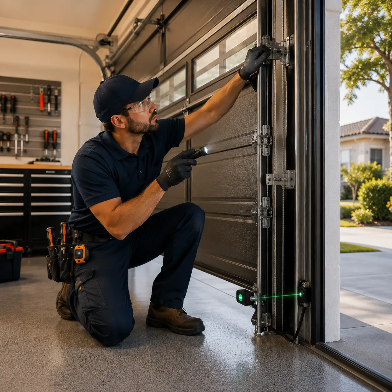 Technician inspecting garage door safety sensors and balance system