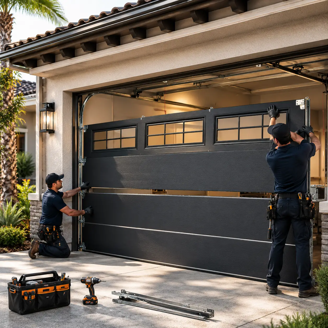 New overhead garage door installation at modern California home